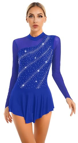 Freebily Konståkning Klänning Kvinnor Paljetter Leotards Klassisk Dansklänning Långärmad Balett Bodysuit Ballerina Danskostymer Samba Rumba Jazz Danskläder, Kungsblå, S