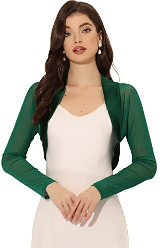 Allegra K Damen Satin Bolero Langarm Hochzeit Crop Shrugs Offen Elegant Chiffon Cardigan Dunkelgrün S