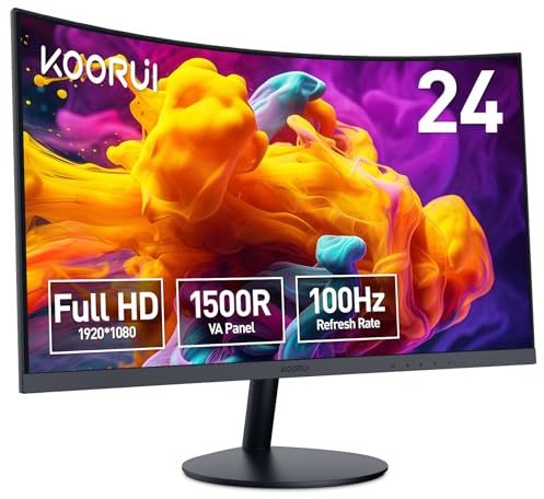 KOORUI 23,6 Monitor Curvo 100Hz Pantalla Full HD 3000:1 Eye Ease 24N5CA | 1920 x 1080, Curvatura 1500R, 3ms, HDMI 1.2, VGA, Ajustables, Antirreflejo, Inclinación, Negro