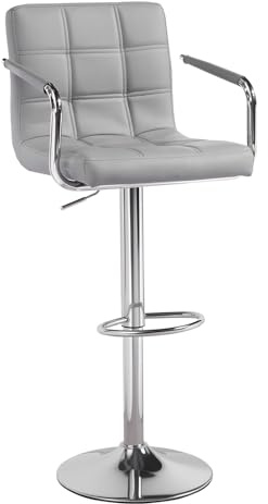 Cuban Bar Chairs with Armrest, Height Adjustable Synthetic Leather 360° Swivel Kitchen Stool with Backrest and Footrest for Breakfast Bar, Counter, Kitchen and Home (One Stool, Gray)