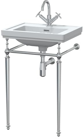 nuie CLB502 Carlton Traditional Bathroom 1 Tap Hole Fireclay Basin Stand and Bottle Trap, 861 x 531 x 406mm, White/Chrome