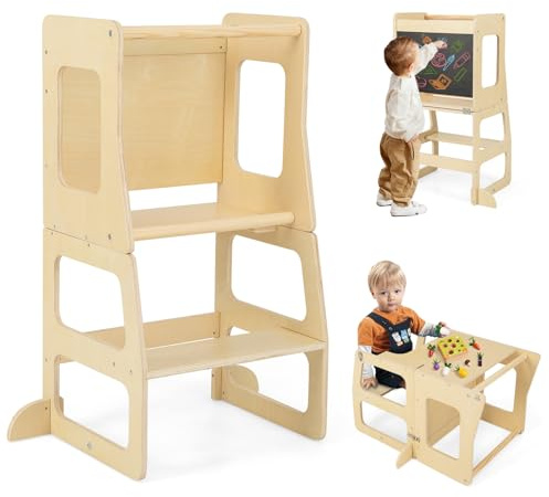 RELAX4LIFE 3 in 1 Torre Montessoriana per Bambini, Torre di Apprendimento Pieghevole, Learning Tower con Lavagna, Convertibile in Tavolo+Sedia per Bambini 3+ Anni