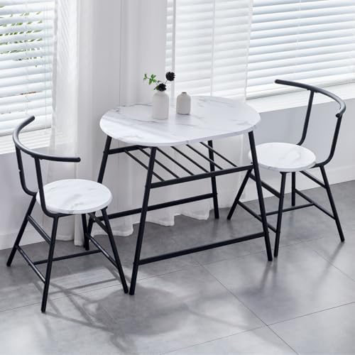 Homullel 3 Pieces Dining Room Set, Compact Dining Table & Chairs Set for Kitchen Living Room, Space Saving Small Kitchen Table and Chair Set with Storage Wine Rack, Breakfast Bar Table Set for 2