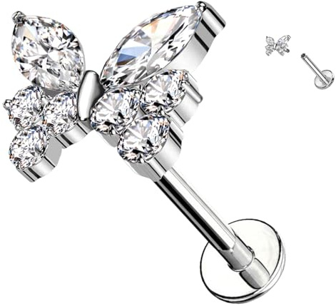 AWAKEN Piercing Labret in Titanio a forma di farfalla con cristalli e con Filettatura Interna Helix Hoops Daith Trago Tragus Rook Conch Cartilagine Orecchino Donne PWC-177 Argento con Trasparente