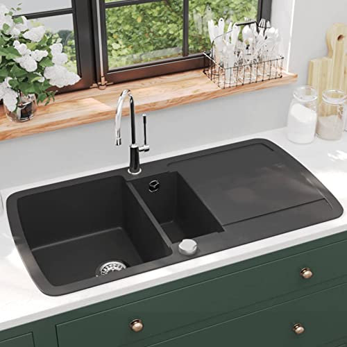 Brokky Lavello da Cucina in Granito Vasca Doppia Nero-Lavello Cucina,Lavandino Cucina,Lavabo Cucina ad Incasso