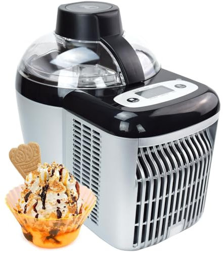 Gino Gelati Selbstkühlende Eismaschine Jalis Speiseeismaschine Eisbereiter, Silber/Schwarz, Edelstahl, 90 Watt, für Zuhause, mit Kompressor, Frozen Yogurt Maschine