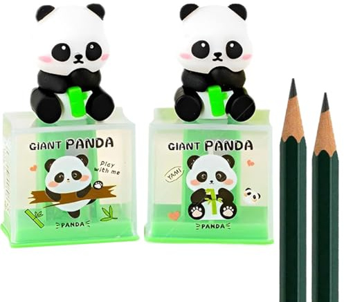 QOWIJEX 2 Piezas Sacapuntas con Recipient, Bolígrafo Roller Diseño Panda, para Lápices Estándar, Tapa Plegable, Depósito para Virutas