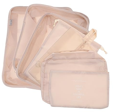 Veemoon Paquet de Rangement de Voyage 7 Pièces, Organisateurs de Bagages Légers en Nylon, Paquet à Linge et Chaussures pour Déplacements, Usage Camping et Valise, Couleur Kaki