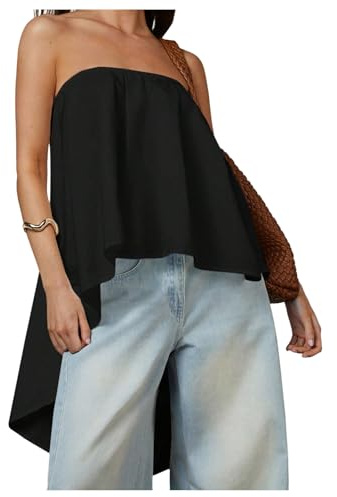 SweatyRocks Women's Asymmetrical High Low Tube Tops Open Back Strapless Flowy Bandeau Blouses Black Medium