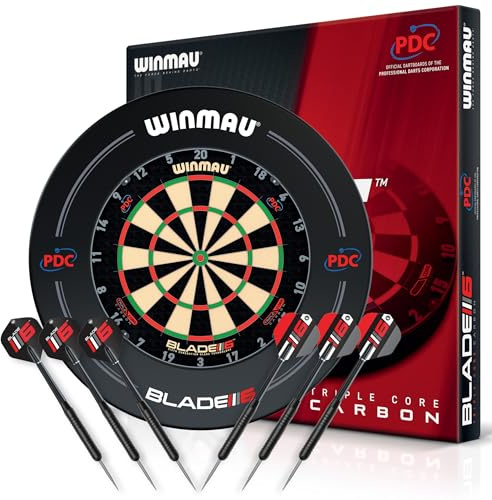 WINMAU Triple Core Dartscheibe Steeldart Set – Profi Dartscheibe Winmau mit PDC-Umrandung |2 Steel Darts-Sets, Rota-Lock-System | Dartboard mit Sisal | ideal für Turniere und Training.