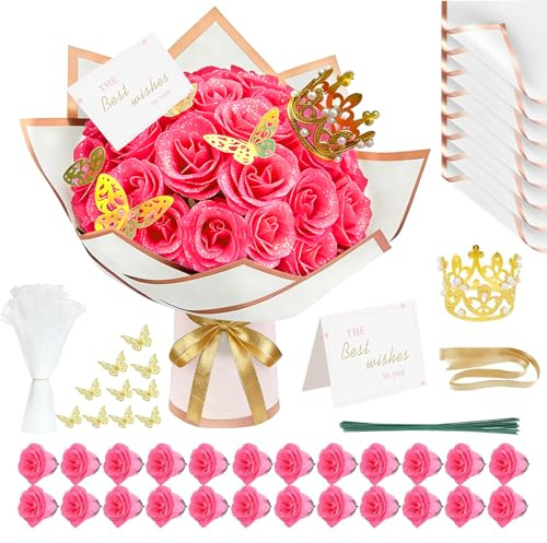 SciFiVisi 24 stycken glitterrosbukett, rosa glitter rosor bukett, konstgjorda rosbuketter