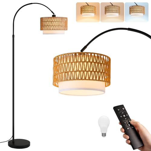Woiledlt Lampadaire Boho en rotin, lampe arquée pour salon : Lampadaire noir vintage avec arc, intensité variable avec télécommande, ampoule LED E27 9W incluse, hauteur réglable de 165 à 180 cm