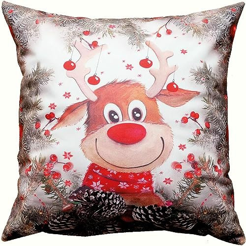 KAMACA Kissenbezug Kissenhülle 40x40 cm Filigrane Stickerei Eyecatcher in Herbst Winter Weihnachten (Elch mit roter Nase)
