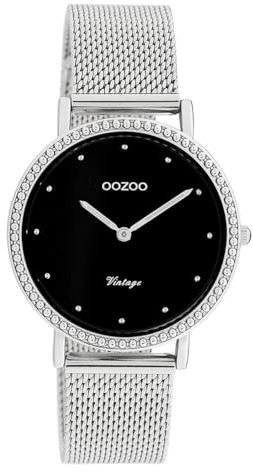 Oozoo Vintage Damenuhr mit Edelstahl Milanaiseband 34 MM Schwarz/Silberfarben C20052