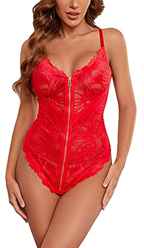 EVELIFE Body Mujer Sexy Lenceria Encaje Cremallera Profundo V Ropa Interior Una Pieza Teddy Lingerie Snap Entrepierna (Rojo Small)