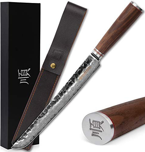 YOUSUNLONG Coltello Max Sakimaru - 11''(279mm) - Coltello Sashimi Sushi Yanagiba - Acciaio inossidabile giapponese ad alto tenore di carbonio martellato damasco - Manico in noce con pelle