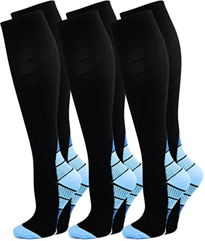 3 Pares Calcetines/ Medias de Compresión para Hombres y Mujeres, Running, Deporte, Correr, Senderismo, Volar, Viajar, Varicosas, Embarazo y Médicos (M, Azul)