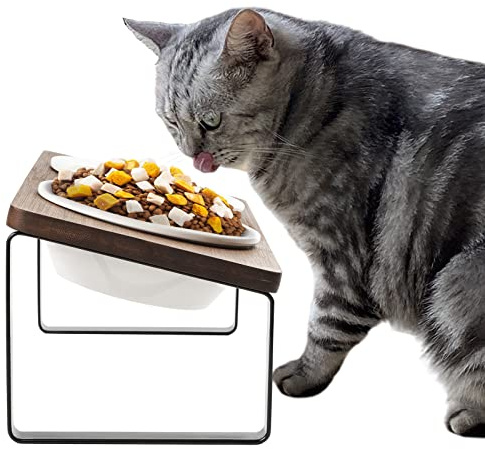 GUUSII HOME Gamelle Chat Surélevée Anti Vomissement 15° Incliné Gamelle pour Chats Interieur Support de Bol Nourriture pour Chaton avec 2 Bols Ceramique de 14cm de Diamètre (Brun)