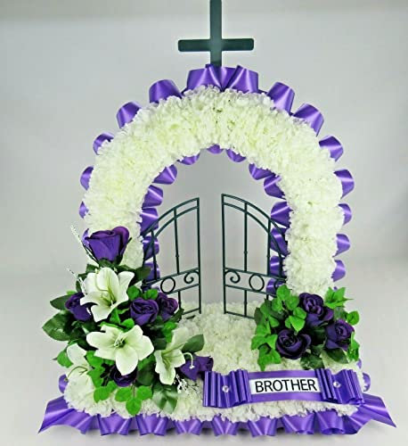 Gates of Heaven Artificial Silk Flower Tribute for Funeral or Grave - Customisable Handmade Memorial Flowers for MUM DAD SISTER BROTHER NAN GRANDAD (Rose and Lily) (Rose and Lily Spray)
