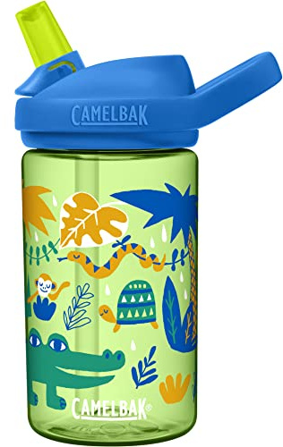 CamelBak Eddy+ Kids Bite Valve Straw Tritan Renew Water Bottle Blue Jungle Animals, 14oz