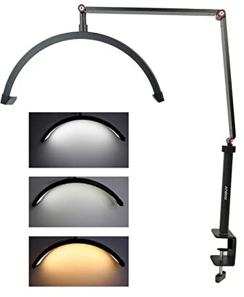 Andoer HD-M3X LED-Videoleuchte, Halbmondförmiges Fülllicht 3000K-6000K Dimmbar mit C-Clamp Tischhalterung Metalllichtständer für Tattoo Wimpern Make-up Live-Streaming