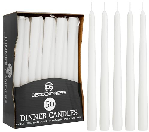DECO EXPRESS Bougies Pointues Lisses, Lot de 50, Anti-Gouttes et Sans Parfum, Bougie Longue Durée 8h, Saint Valentin et Fetes des Mères Decoration Maison, Idee Cadeau (Blanc - Lot de 50)