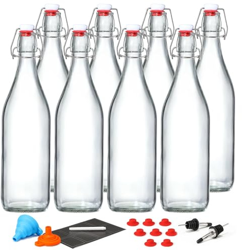 8 Pack [1 L / 33 fl. oz.] Swing Top Glass Bottles w/ Airtight Stopper Lids – Flip Top Brewing Bottle for Fermentation, Kombucha, Mead, Vinegar, Beer, Kefir, Wine, Soda – With 8 Extra Seals & 2 Pourer