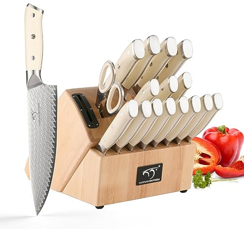 NANFANG BROTHERS Kitchen Knife Set, 19 PCS Damascus Steel Steak Knife Set, VG10 Professional Chef Knives Set with Block, Knife Sharpener and Shears, Kitchen Knife with Gorgeous Gift Box