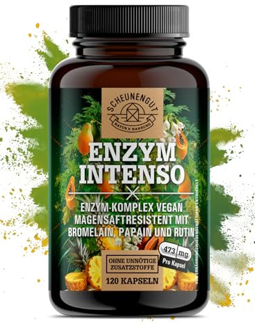 ENZYM INTENSO® Bromelain Kapseln -WICHTIG: Laborgeprüfte Rezeptur mit Bromelain(5000 F.I.P), Papain, Rutin I Ananas & Papaya Enzym -120 Magensaftresistente Kapseln- SCHEUNENGUT®