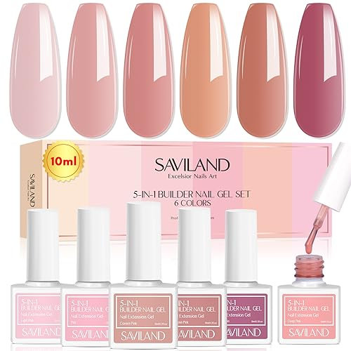SAVILAND 5 in 1 Builder Base Gel Set, 6 Pezzi Gel Rinforzante per Unghie, Base Coat, Estensione delle Unghie, Riparazione di Manicure, Decorazione per Unghie Gel Polish Set, Nudo Rosa
