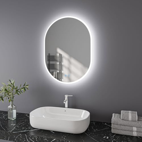 Finmrys Oval Bathroom Mirror with LED Lights, 600 x 800 mm Illuminated Bathroom Mirror with Demister Dimmable 3 Colour Light Memory Function Horizontal/Vertical（23.62x31.5 Inch）