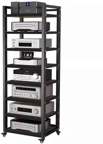 HDYZJQ HiFi Rack Rollwagen für Audiogeräte, 5, 6, 7, 8 Etagen, Schwarz – Medienregal für Radio – Stereoanlage – TV-Box – Kabelbox – WLAN-Router – Stereoschrank aus Holz(W60cm-8 Tier)