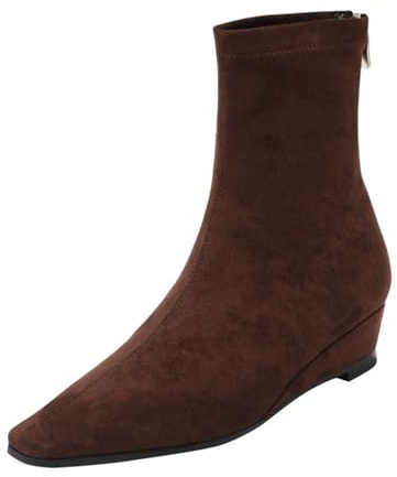 Ankle Boots - Botines elegantes para mujer con tacón elástico de ante con cuña y tacón corto, marrón, 38 EU