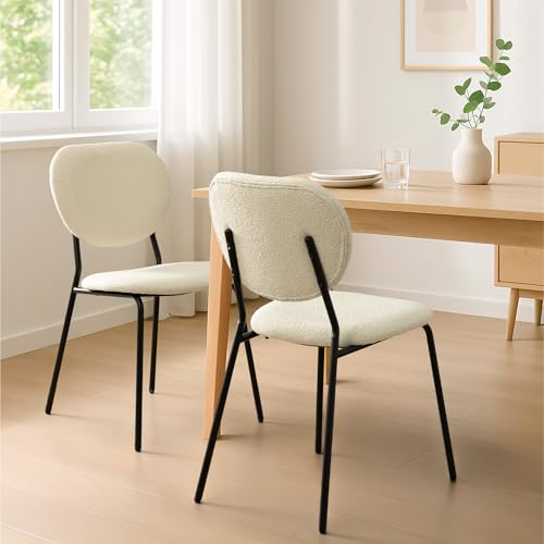 Navaris 2 x Boucle teddy stol-set, vit stol, set om 2–42 x 82 x 56 cm, 2 x teddy matstol, med matta svarta ben, två stolar – vit