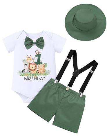FYMNSI Baby Boy 1st Birthday Cake Smash Outfit Jungle Safari Party Short Sleeve Romper Shorts Y-back Suspenders Hat 4pcs Set