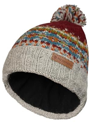 Pachamama Women Wool Beanie Bobble Hat Fleece Lined Roll Back Handknitted Traditional Fairisle Colourful One-Size Handmade Extra Warm Fair Trade (UK, Alpha, One Size, Burgundy)