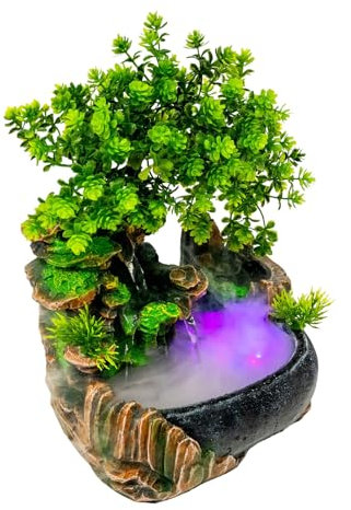 Fuente de habitación con iluminación LED y decoración de plantas, fuente de mesa de resina, 20 x 15 x 28 cm, moderna fuente de mesa con 3 cascadas, bomba silenciosa, simbolismo de suerte, para oficina