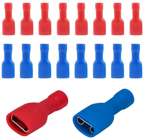CATOR 100 cosses electriques a sertir bornes de câble femelles à déconnexion rapide entièrement isolées en vinyle 6,3 x 0,8 mm pour 1,5-2,5 mm² (16-14 AWG) Bleu, pour 0,5-1,5 mm² (22-16 AWG) Rouge