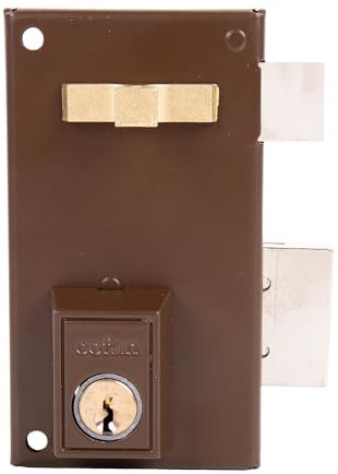 Cofan Cerradura de sobreponer de derecha | Cilindro redondo de Ø25 mm | 3 llaves incluidas | Color: marrón | Cerradura adaptable al modelo 56A | Medidas: 8,7 x 6 x 11,2 cm
