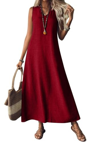 Generisch Vestidos de lino para mujer, 2025, cuello en V, vestido maxi sin mangas, vestido largo de verano, casual, sencillo, largo, fluido, para playa y vacaciones, vestido de lino