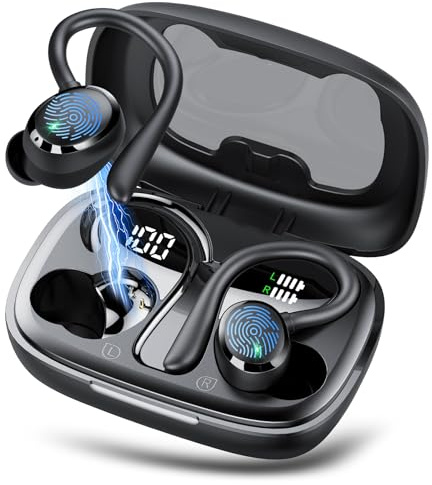 Bluetooth Kopfhörer Sport, Kopfhörer Kabellos Bluetooth 5.3 mit HD Mic, In Ear Kopfhörer mit 4 ENC Klarer Mic, 72 Std Kabellose Kopfhörer mit Tiefer Bass,IPX7 Wasserdicht Ohrhörer mit Ohrhaken,Schwarz