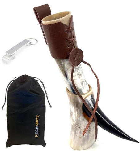 HORNCRAFT Viking Drinking Horn with Horn Stand & Leather Holster | Genuine Ox Horn | Handmade | 10-12 Inches | 250ml - 450ml | Gift Tote & Bottle Opener | Viking Beer Mug | Unique Viking Gift