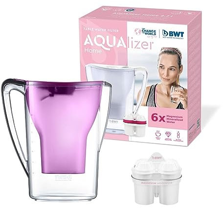 BWT - Jarra filtradora de agua 2,7L + 12 Filtros con magnesio - Modelo Aqualizer Violeta contador manual para doce meses - Reduce cloro, cal e impurezas