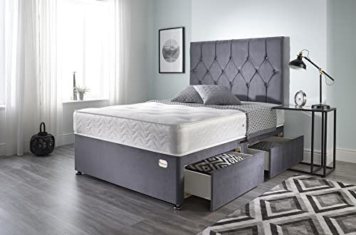Bed Centre Ziggy Grey Plush Single Divan Bed Set with 24 cm Memory Foam Mattress, 2 Same‑Side Drawers & Headboard – Space‑Saving Storage for Small Rooms (90×190 cm) | UK Made