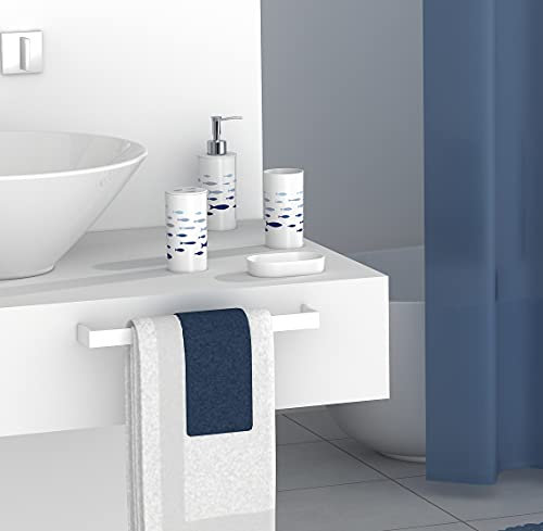 FurnitureXtra Juego de accesorios de baño de plástico de 7 piezas, jabonera, soporte para cepillo de dientes, dispensador de jabón, cortina de ducha, anillos de cortina y alfombrilla de baño (azul)