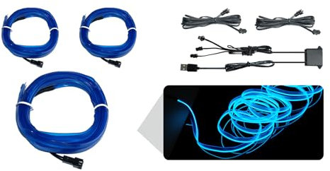WOWLED Blue El Wire USB Neon Interior Light Kit - 3 in 1 Ambient Lighting for Car Atmosphere Strip With Sewing Edge Decoration (5m / 5V)