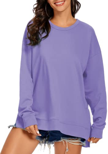 APEIYU Långärmad damtoppar med rund hals sida delad lös vardaglig stickad pullover sweatshirts blus, 14-lila, L