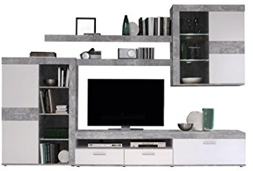 AVANTI TRENDSTORE Fondi - Parete da soggiorno a 5 pezzi in laminato, moderna e spaziosa, colore grigio cemento/bianco. Dimensione: LAP 300x201x41 cm