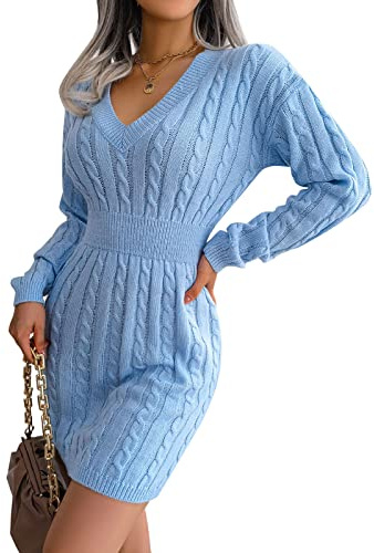 Onsoyours Robe Femme Col Rond Robe Pull Robe Courte Hiver Tricotée Sweat Stretch Pull Long Automne Casual Élégante Mini Robe Crayon Cocktail B Bleu L, (YPZ220916LT-DE01-B-blu-L)
