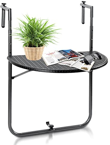 Vigevee Balkonhängetisch klappbar Balkontisch zum Einhängen Balkon Hängetisch 3-Fach höhenverstellbarer Balkontisch Klappbar BxT: 62 x 40 cm Schwarz Rattan-Optik für Balkon und Garten
